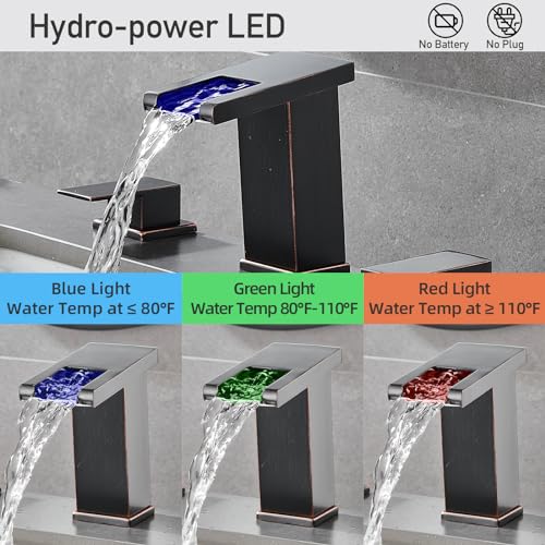 AVSIILE LED Bathroom Faucet 3 Hole, Oil Rubbed Bronze Waterfall Bathroom Faucets, 8 Inch Widespread Modern Bathroom Sink Faucet & Parts, Wide Spread Touch On Three Hole 2 Handle Bathroom Vanity Faucet - Image 3
