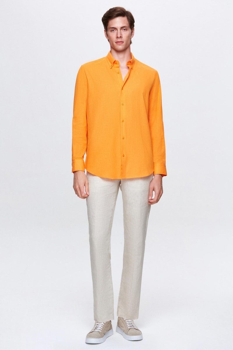 D'S DAMAT Comfort Light Orange Button-down Collar Relaxed Cut Linen Look 100% Cotton Shirt 2HC02ORT64265 - Image 4