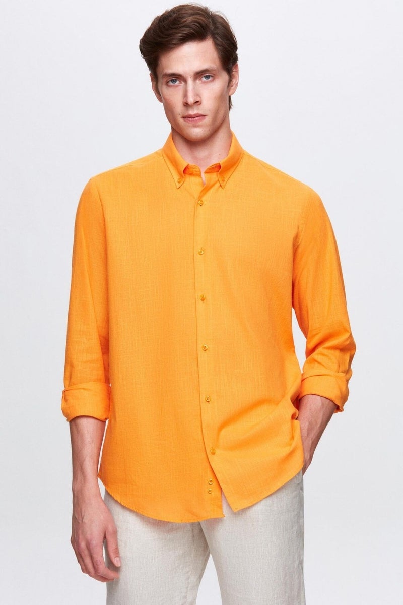 D'S DAMAT Comfort Light Orange Button-down Collar Relaxed Cut Linen Look 100% Cotton Shirt 2HC02ORT64265 - Image 1
