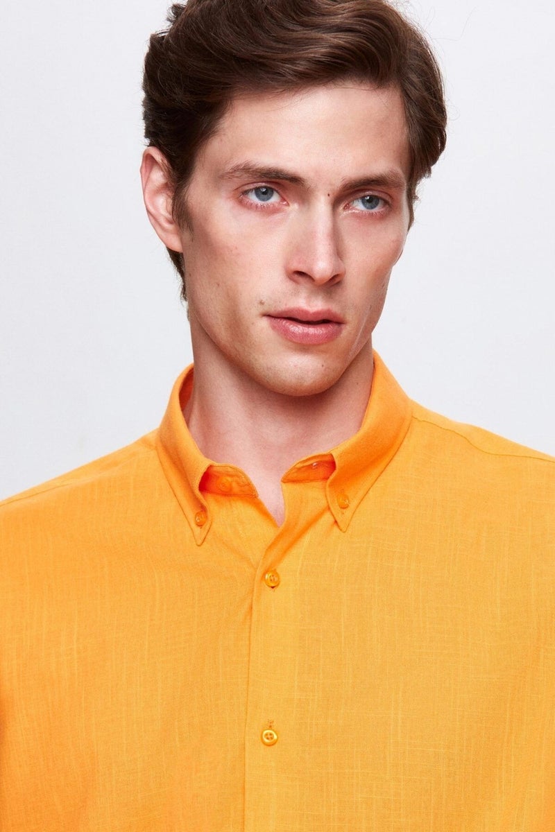 D'S DAMAT Comfort Light Orange Button-down Collar Relaxed Cut Linen Look 100% Cotton Shirt 2HC02ORT64265 - Image 2