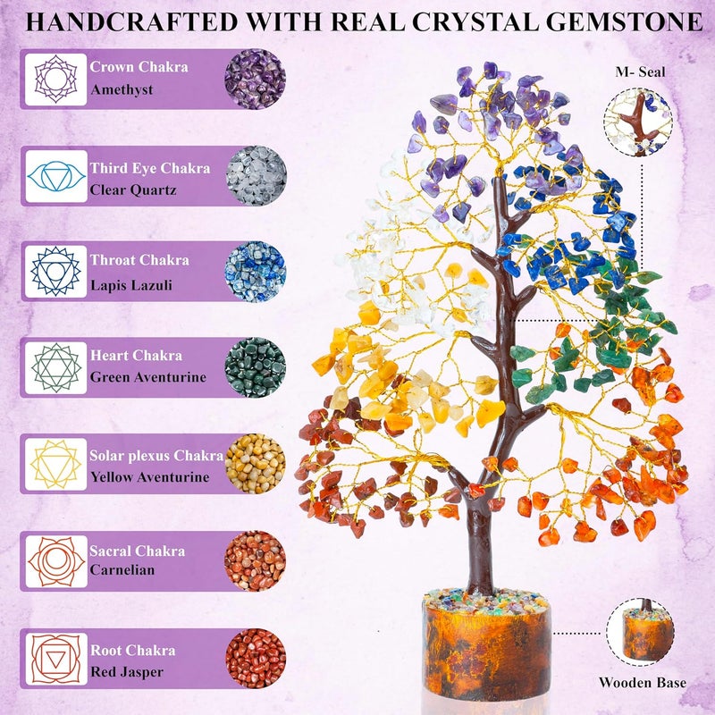 HindCraft Chakra Tree of Life Crystal Tree for Positive Energy Feng Shui Tree 7 Chakra Tree Crystal Decor Spiritual Gift Meditation Home Decor Golden Wire 1012 Inch