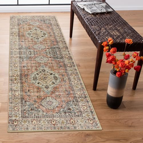 La Home Lahome Oriental Washable Rug Runners for Hallways, 2x5 Kitchen Runner Rug Non Slip with Rubber Backing Ultra-Thin Vintage Carpet for Bedroom Bathroom, Peach/Orange - Image 1