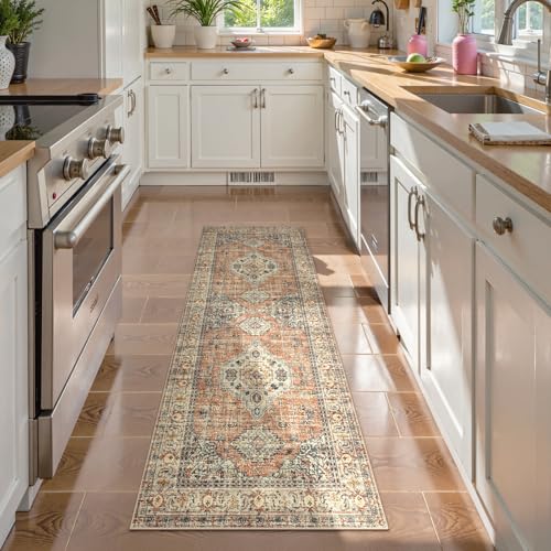 La Home Lahome Oriental Washable Rug Runners for Hallways, 2x5 Kitchen Runner Rug Non Slip with Rubber Backing Ultra-Thin Vintage Carpet for Bedroom Bathroom, Peach/Orange - Image 3