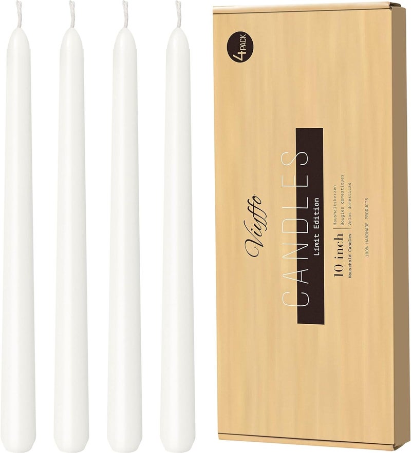Viyffo Taper Candles, 10 Inch, 4 Pack, White – Unscented, Dripless & Smokeless Design, Up to 8-Hour Burn – Tall Candlesticks for Wedding, Dinner & Home Decor - Image 1