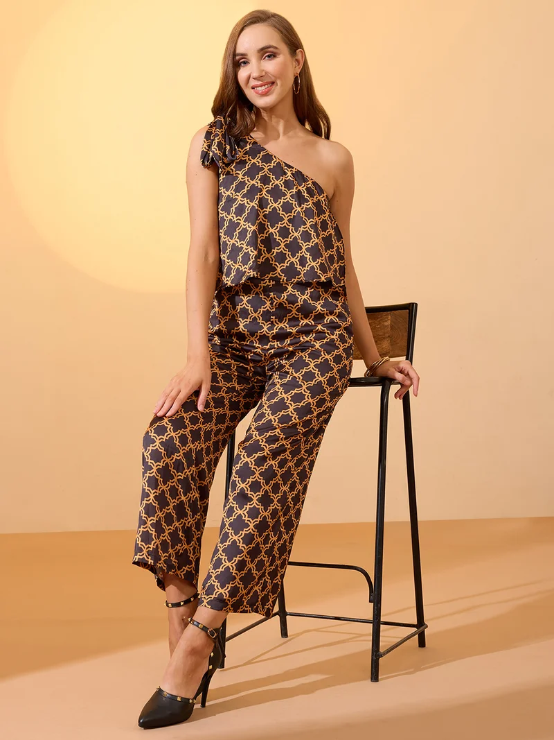 globus Women Black Tie-Up One Shoulder Abstract Print Wide Leg Party Jumpsuit