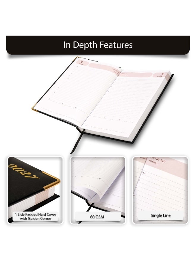 FIS 2027 Agenda Diary, 170x240mm Size, 1 Side Padded Cover Vinyl Materials, Golden Corners, 1 Day a Page, English, 60gsm White Paper, Black Cover - FSDI75EVG27BK - Image 5