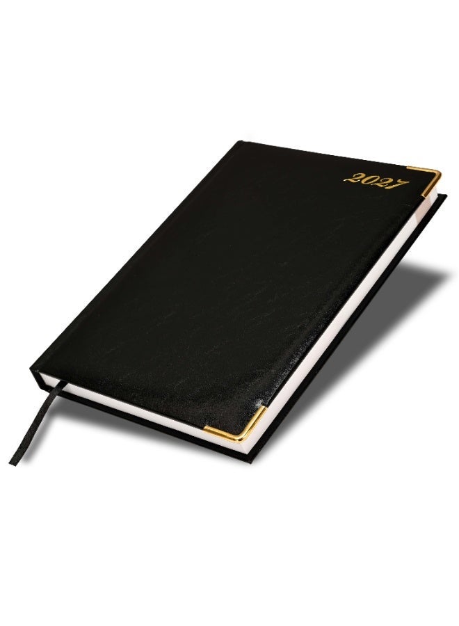 FIS 2027 Agenda Diary, 170x240mm Size, 1 Side Padded Cover Vinyl Materials, Golden Corners, 1 Day a Page, English, 60gsm White Paper, Black Cover - FSDI75EVG27BK - Image 1
