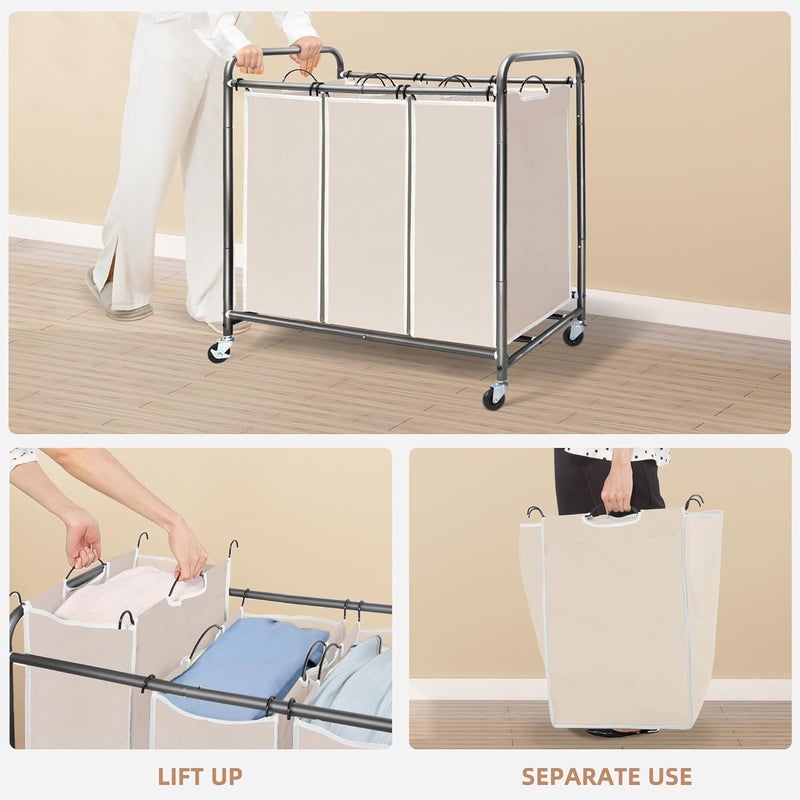 STORAGE MANIAC 3 Section Laundry Sorter, 3 Bag Laundry Hamper Cart with Heavy Duty Rolling Lockable Wheels and Removable Bags, Laundry Organizer Laundry Basket Laundry Clothes Separator Hamper, Beige - Image 4