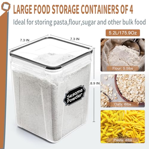 PRAKI Large Airtight Food Storage Containers 5.2L / 195oz, BPA Free, 4pcs Pantry Kitchen Organizers and Storage for Flour, Sugar, Baking Supplies, Plastic Flour Container with 20 Labels & Maker - Image 2
