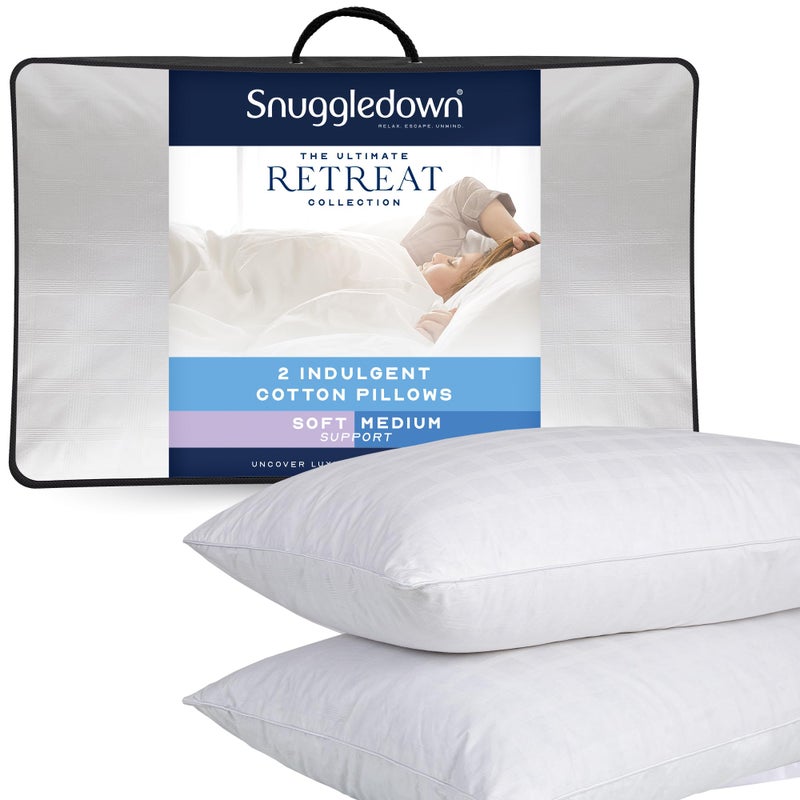 Snuggledown Luxury Cotton Pillows 2 Pack  Hotel Quality UltraSoft Pillow for Restful Sleep  UKMade 300tc Jacquard Cotton Cover NonAllergenic  Washable 48 x 74cm