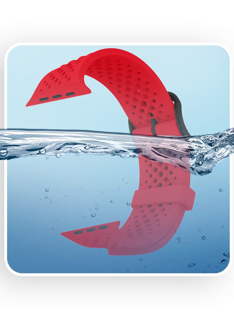 49mm/45mm/44mm/ Sport Silicone Watch Band Compatible with Apple Watch Series 9/8/7/6/5/4/3/2/1 & SE – Breathable Soft Strap with Buckle -  Red - Image 2