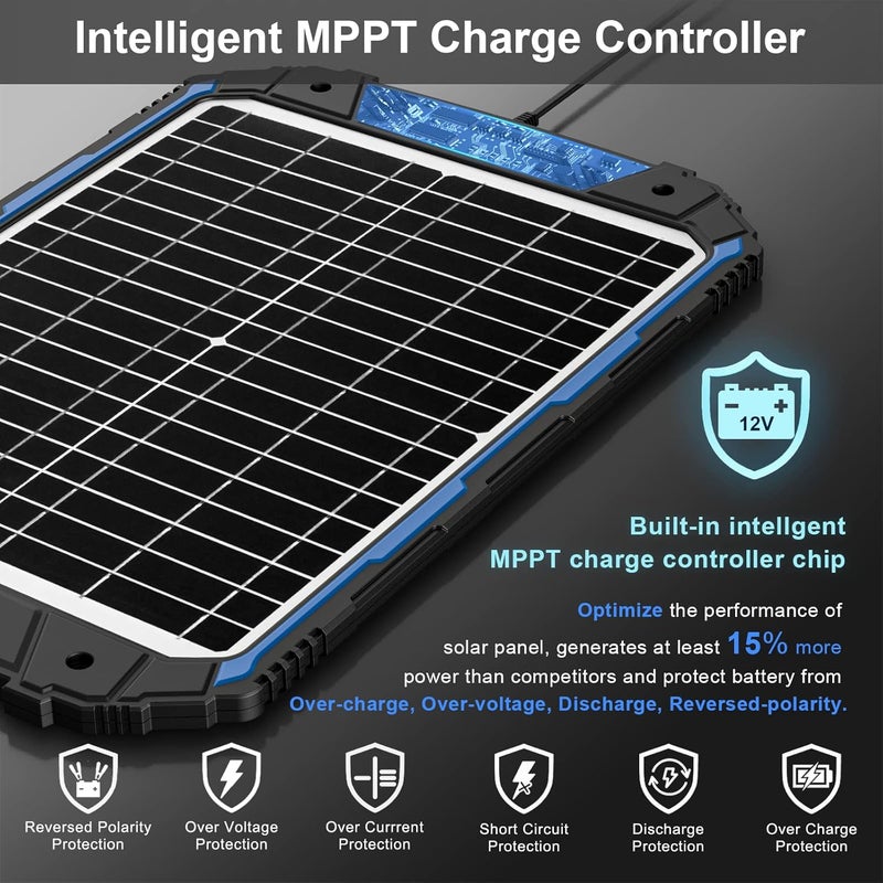 SUNER POWER 20W 12V Solar Battery Trickle Charger & Maintainer PRO, Built-in Intelligent MPPT Controller, Waterproof 12 Volt 20 Watt Solar Panel Charging Kits for Car Marine RV Trailer Boat Automotive - Image 2