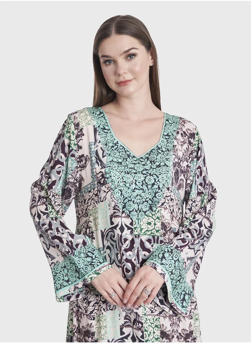 كشخة Geomatrical Floral Print Kuwaiti Jalabiya