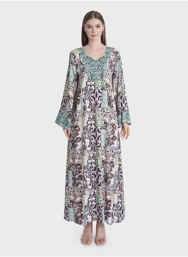 كشخة Geomatrical Floral Print Kuwaiti Jalabiya