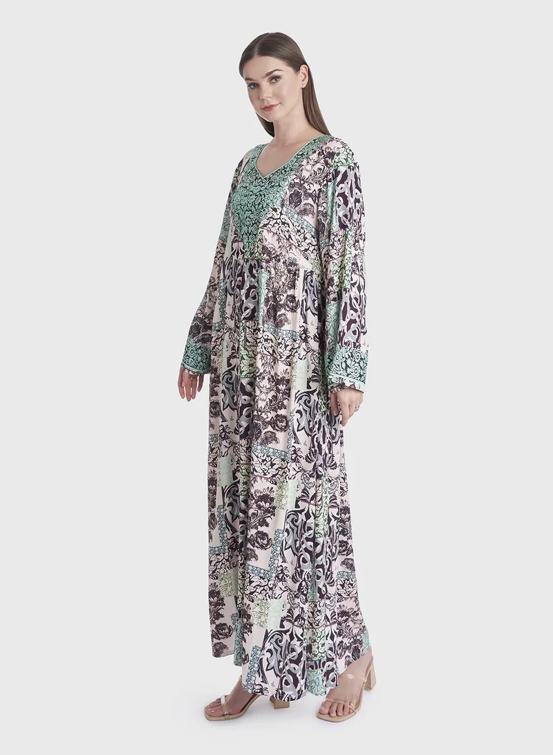 KASHKHA Geomatrical Floral Print Kuwaiti Jalabiya