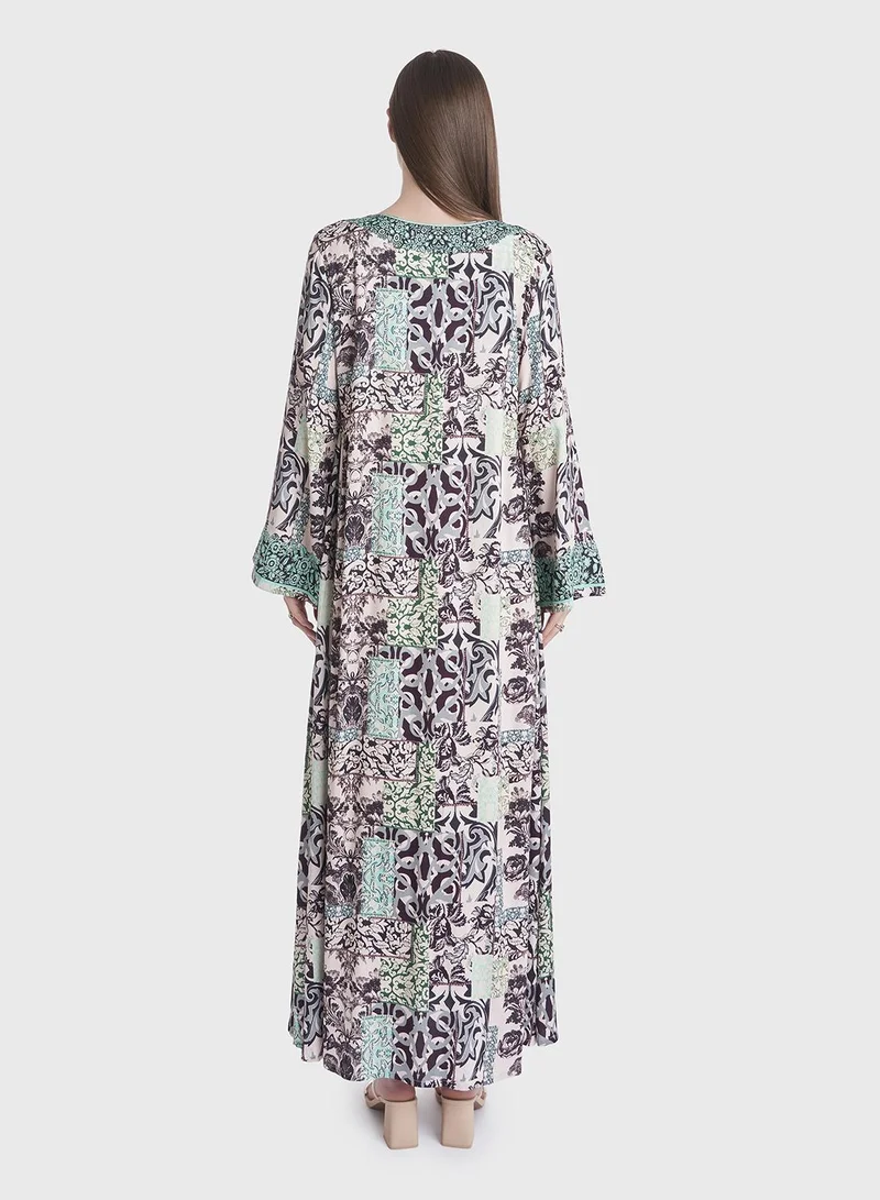 KASHKHA Geomatrical Floral Print Kuwaiti Jalabiya