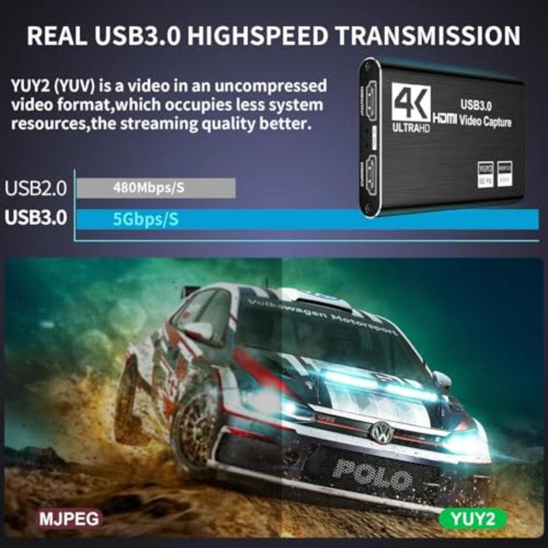 بطاقة التقاط فيديو عالية الأداء USB 3.0، 4K HDMI Loop-Out Full HD 1080P 60FPS، 2K 30FPS مثالية للبث على PS5، Switch، Camera، PC، OBS متينة وصغيرة الحجم - أسود - Image 4