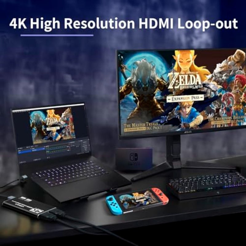 بطاقة التقاط فيديو عالية الأداء USB 3.0، 4K HDMI Loop-Out Full HD 1080P 60FPS، 2K 30FPS مثالية للبث على PS5، Switch، Camera، PC، OBS متينة وصغيرة الحجم - أسود - Image 3