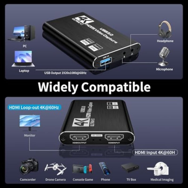 بطاقة التقاط فيديو عالية الأداء USB 3.0، 4K HDMI Loop-Out Full HD 1080P 60FPS، 2K 30FPS مثالية للبث على PS5، Switch، Camera، PC، OBS متينة وصغيرة الحجم - أسود - Image 2