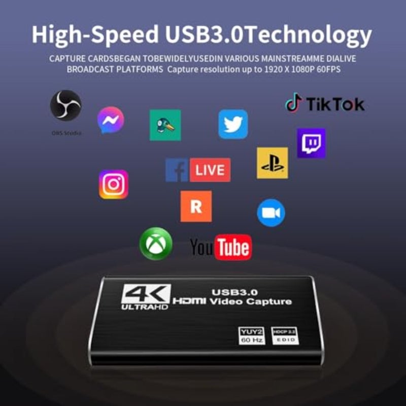 بطاقة التقاط فيديو عالية الأداء USB 3.0، 4K HDMI Loop-Out Full HD 1080P 60FPS، 2K 30FPS مثالية للبث على PS5، Switch، Camera، PC، OBS متينة وصغيرة الحجم - أسود - Image 5