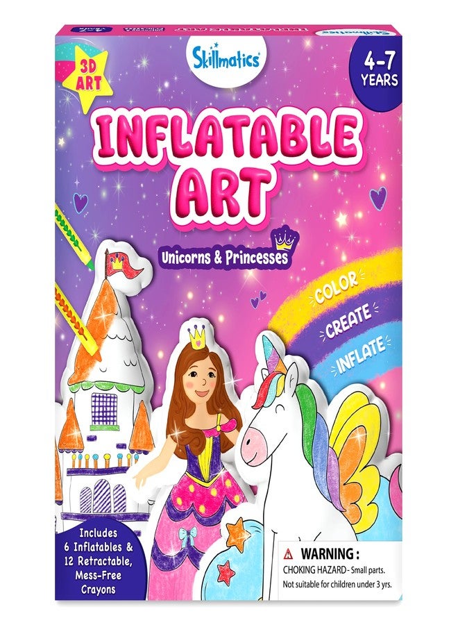 سكيلماتيكس مجموعة سكيل ماتيكس الفنية القابلة للنفخ على شكل وحيد القرن والأميرات - مجموعة حرف يدوية ثلاثية الأبعاد للأطفال، مجموعة تلوين بدون فوضى مع أقلام تلوين وماصات، هدية للبنات والأولاد من عمر 4 و5 و6 و7 سنوات - Image 1