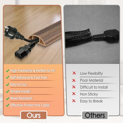EYAYEN Floor Cord Cover for Wires on Floor Self Adhesive Cord Hider Floor Cable Management Wire Covers for Cords Protector Prevent Cable Trips Cord Cavity W 0.47" x H 0.27", Misty Brown Wood, 3.3Ft - Image 3