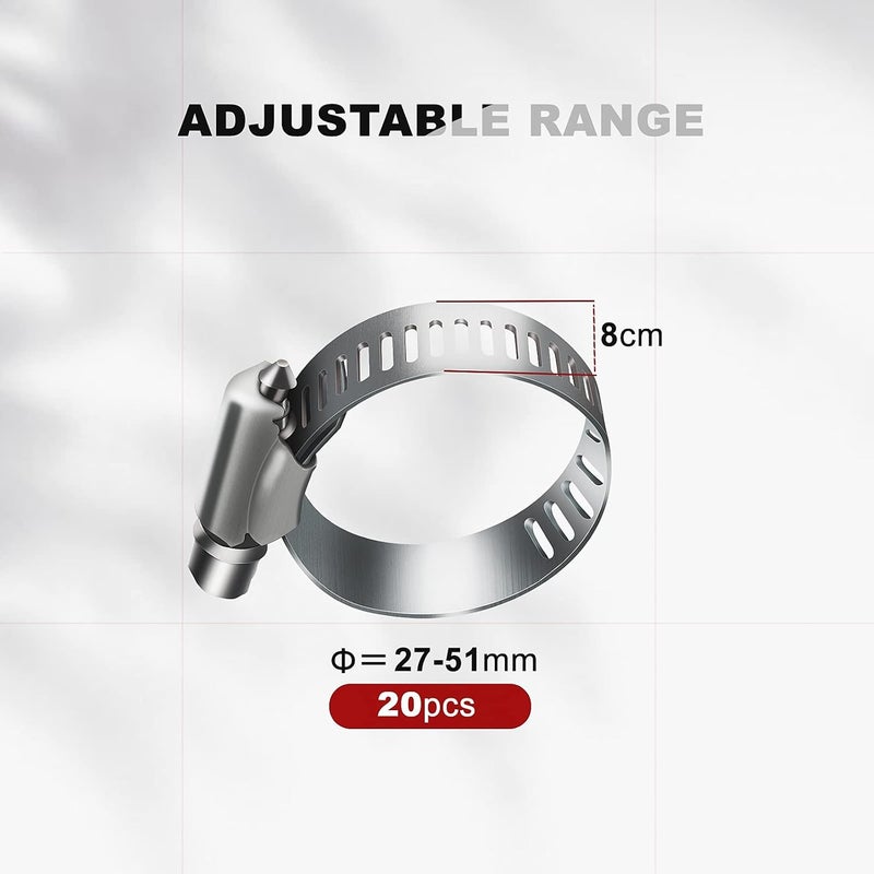 Juasky 20pcs Adjustable Worm Gear Hose Clamp Stainless Steel Pipe Clamps, 1"-2"(27-51mm) Tube Clamp Tool for Water Pipe, Plumbing, Fuel Line,Intercooler - Image 2