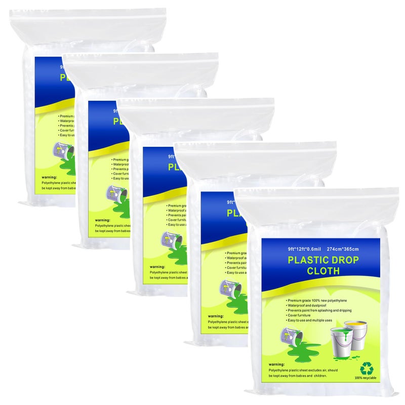 Cedolio 5 Pieces Plastic Drop Sheets For Painting, Waterproof And Dust-Proof Clear Cloth For Furniture Cover, 9X12 Feet Tarps - Image 1