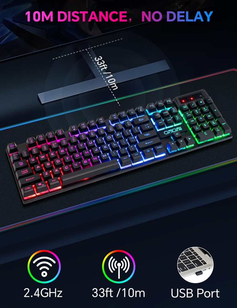 CHONCHOW Wireless Gaming Keyboard, Rechargeable 104 Key Rainbow LED Light Up Keyboard for PC PS4 PS5 Xbox One Laptop, Teclado inalmbrico, Black (Wireless) - Image 3