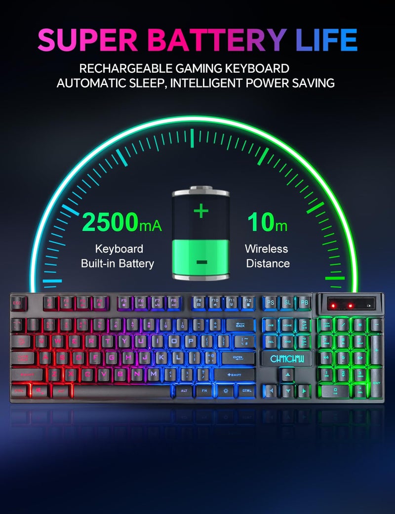 CHONCHOW Wireless Gaming Keyboard, Rechargeable 104 Key Rainbow LED Light Up Keyboard for PC PS4 PS5 Xbox One Laptop, Teclado inalmbrico, Black (Wireless) - Image 2