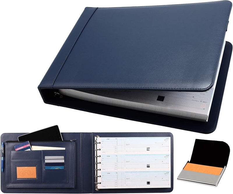 2Fold Business Check Binder 7 Ring for 3-Up Business Size Checks with Extra Business Card Case - PU Leather Deluxe 7 Ring Checkbook Binder Portfolio with 600 Check Capacity and Storage - Image 1