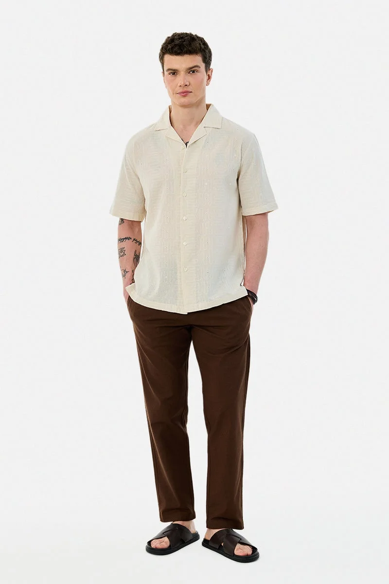 سنيتش Cream Embroidered Half Sleeve Boxy Shirt