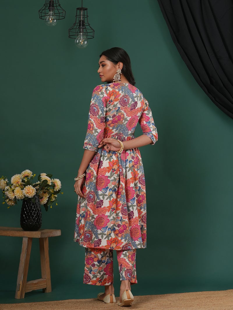 globus Globus Women Floral Printed High Slit Thread Work Kurta With Trousers  - Image 3