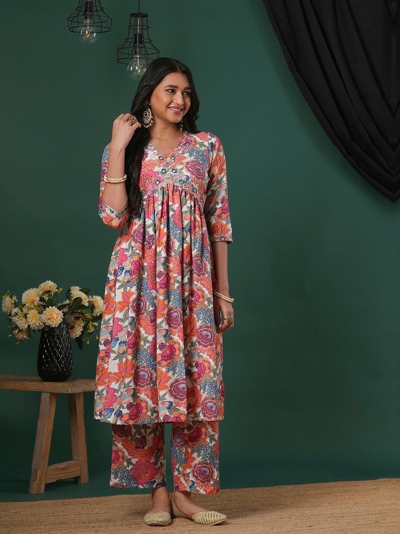 globus Globus Women Floral Printed High Slit Thread Work Kurta With Trousers  - Image 1