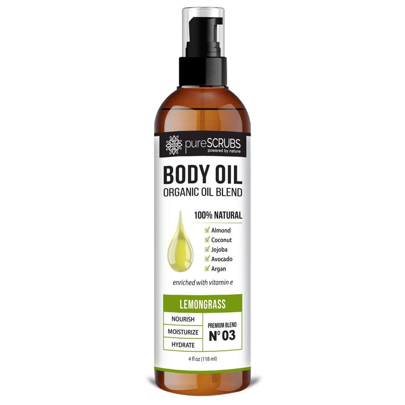 pureSCRUBS Ultra Moisturizing Lemongrass Body Oil Spray for Dry Skin, Massage, & More, Organic Super Blend of Jojoba, Argan, Coconut, Sweet Almond & Avocado Oils Enriched with Vitamin E, Lg 4oz - Image 1