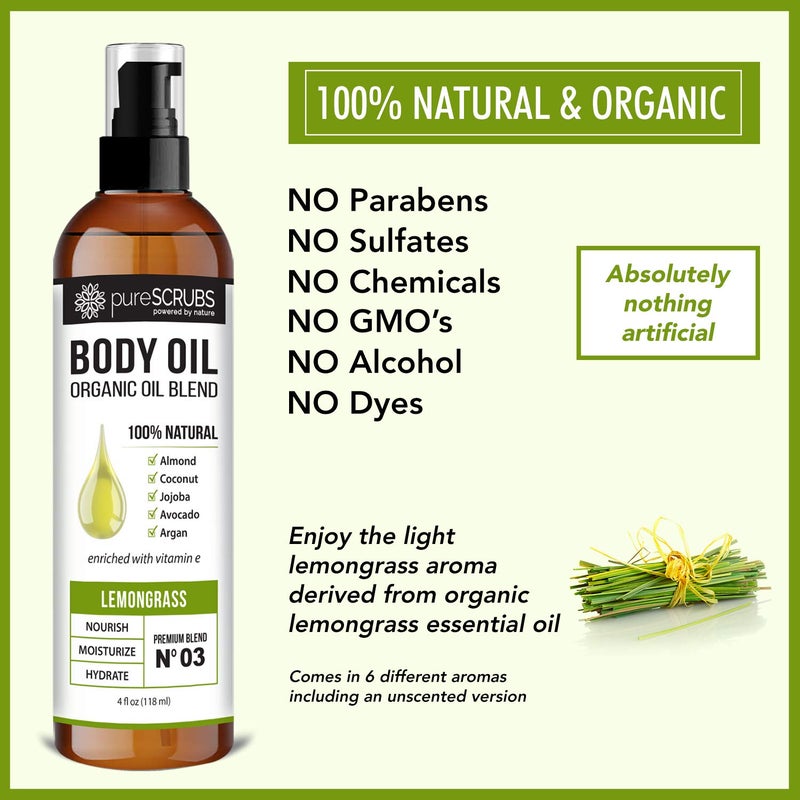 pureSCRUBS Ultra Moisturizing Lemongrass Body Oil Spray for Dry Skin, Massage, & More, Organic Super Blend of Jojoba, Argan, Coconut, Sweet Almond & Avocado Oils Enriched with Vitamin E, Lg 4oz - Image 5
