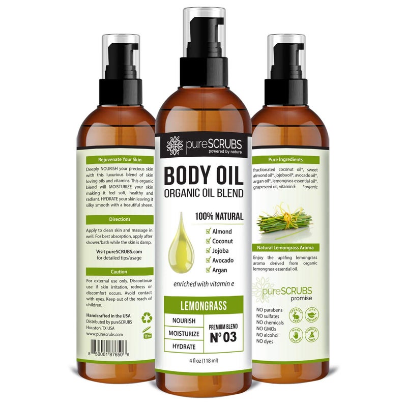 pureSCRUBS Ultra Moisturizing Lemongrass Body Oil Spray for Dry Skin, Massage, & More, Organic Super Blend of Jojoba, Argan, Coconut, Sweet Almond & Avocado Oils Enriched with Vitamin E, Lg 4oz - Image 2