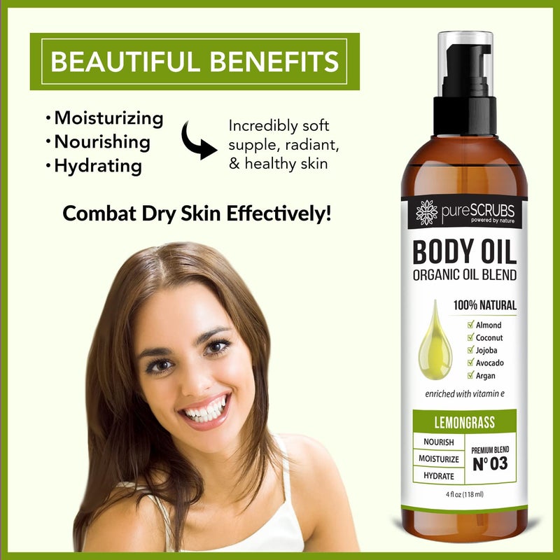 pureSCRUBS Ultra Moisturizing Lemongrass Body Oil Spray for Dry Skin, Massage, & More, Organic Super Blend of Jojoba, Argan, Coconut, Sweet Almond & Avocado Oils Enriched with Vitamin E, Lg 4oz - Image 3