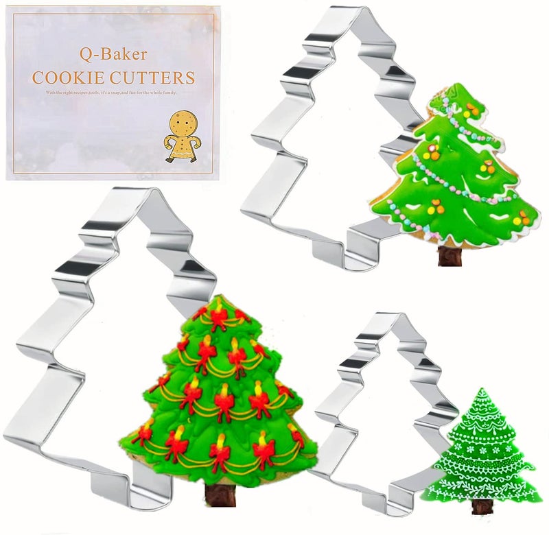 Q-BAKER Christmas Tree Cookie Cutter Set, 3 Pieces Xmas Tree Cookie Cutters with Recipe Booklet Biscuit Molds for Chirstmas Day Party Decorations DIY Gift Family Kids Baking Tools - Image 1