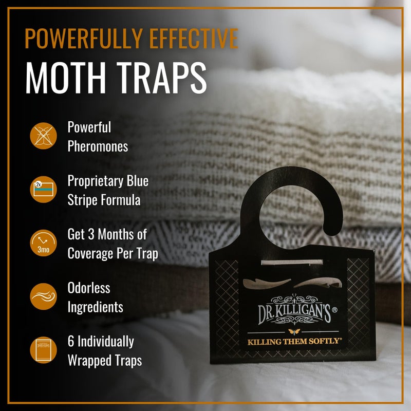 Dr. Killigan's Premium Double Potent Clothing Moth Traps with Pheromones Prime, Organic Clothes Moth Trap with Lure for Closets & Carpet, Case Making & Web Spinning (6 Pack, Black) - Image 2