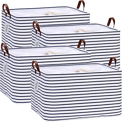 Hinwo 70L Extra Large Storage Bins, 4-Pack Closet Organizers and Storage, Foldable Clothes Storage Baskets with Handles, Containers for Clothing, Blanket, Comforters, Toys, Bedding (Navy Stripe) - Image 5