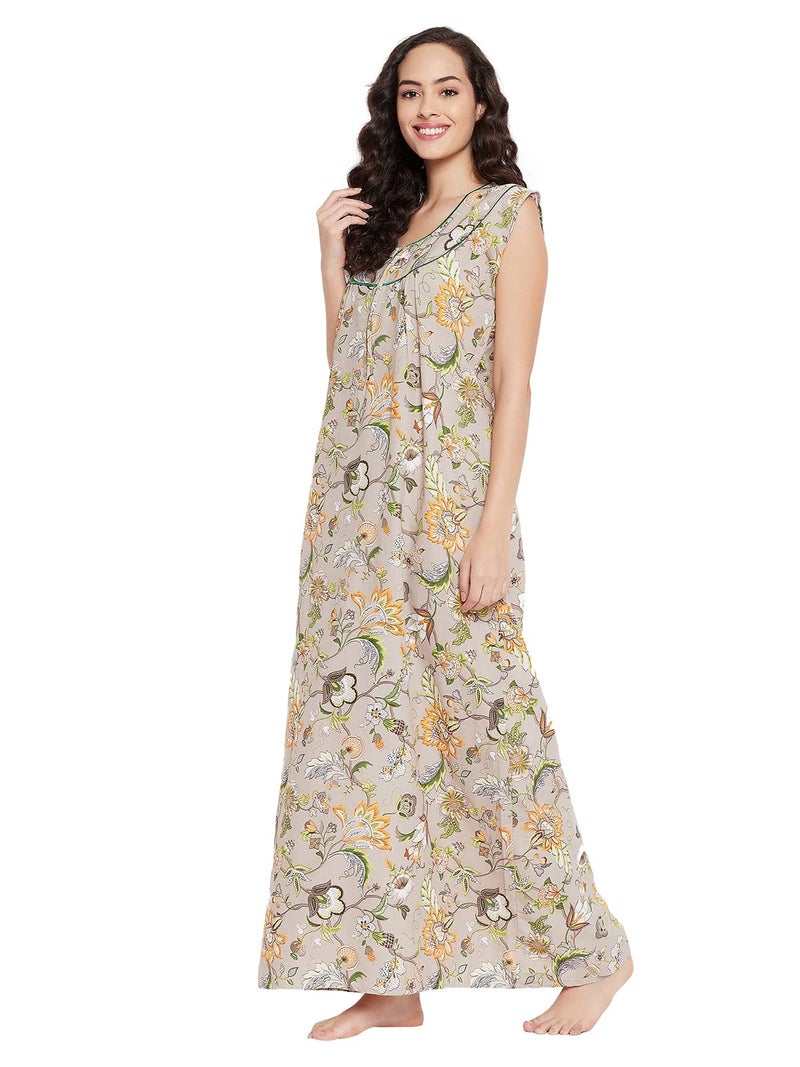 Clovia Women's Cotton Pretty Florals Long Nighty (NS1459P24_Beige_M) - Image 2