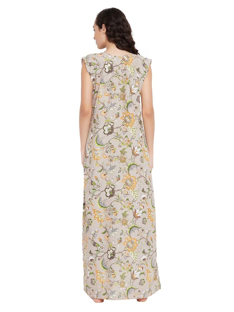 Clovia Women's Cotton Pretty Florals Long Nighty (NS1459P24_Beige_M) - Image 4