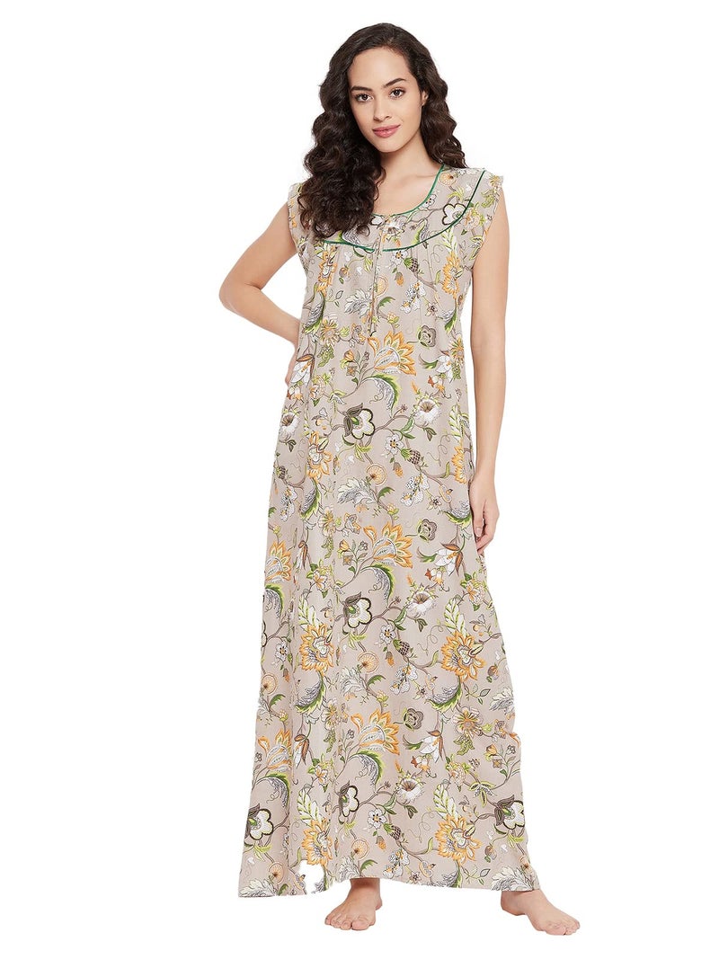 Clovia Women's Cotton Pretty Florals Long Nighty (NS1459P24_Beige_M) - Image 1