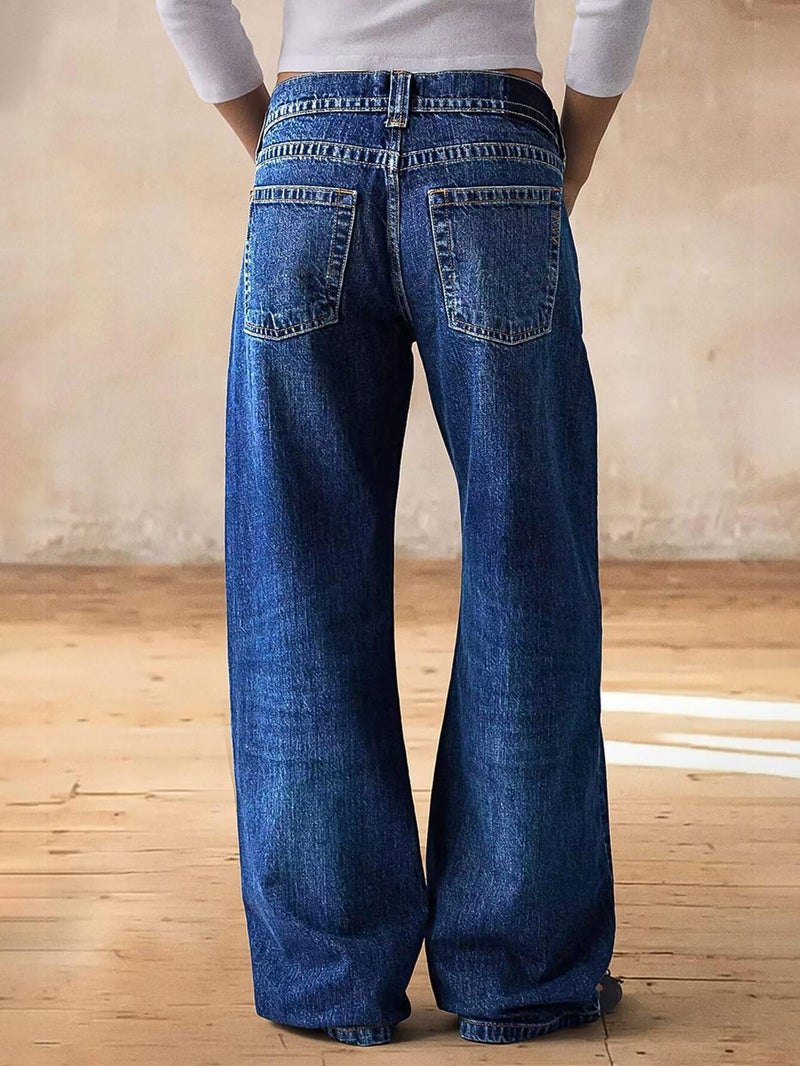 Flamingals Wide Leg Jeans for Women Mid Waist Baggy Stitch Decor Denim Washed Pants Without Belt Navy Indigo Blue L - Image 3