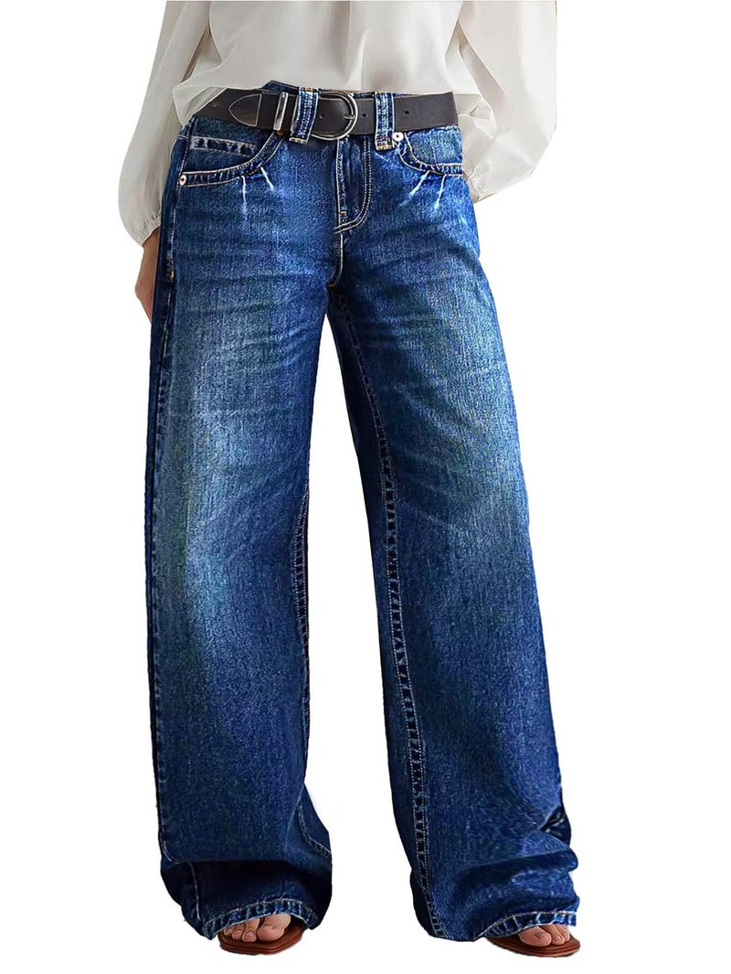 Flamingals Wide Leg Jeans for Women Mid Waist Baggy Stitch Decor Denim Washed Pants Without Belt Navy Indigo Blue L - Image 1