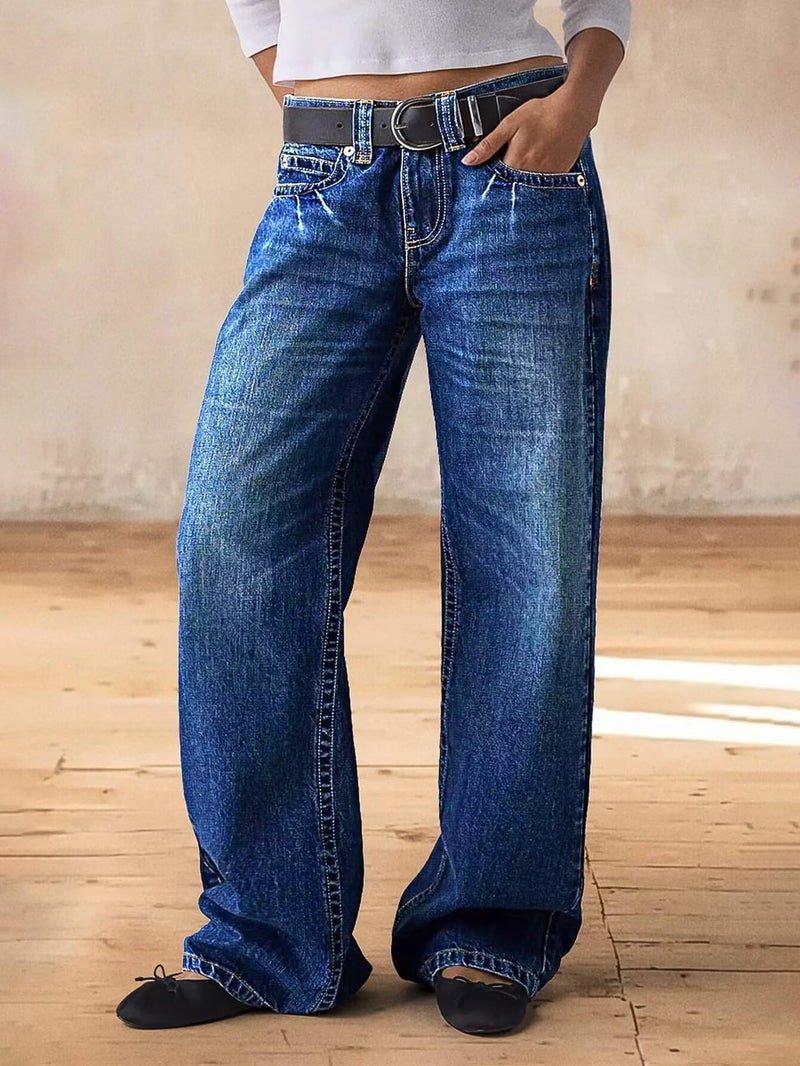 Flamingals Wide Leg Jeans for Women Mid Waist Baggy Stitch Decor Denim Washed Pants Without Belt Navy Indigo Blue L - Image 2