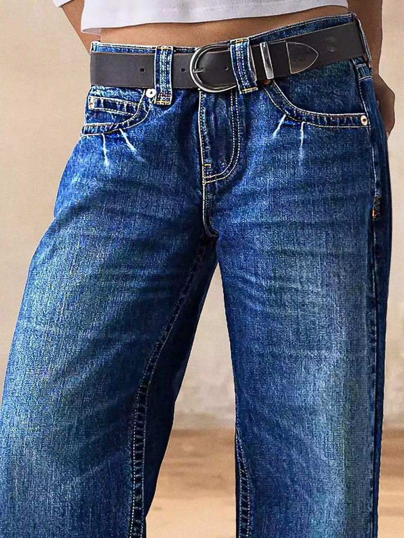 Flamingals Wide Leg Jeans for Women Mid Waist Baggy Stitch Decor Denim Washed Pants Without Belt Navy Indigo Blue L - Image 4