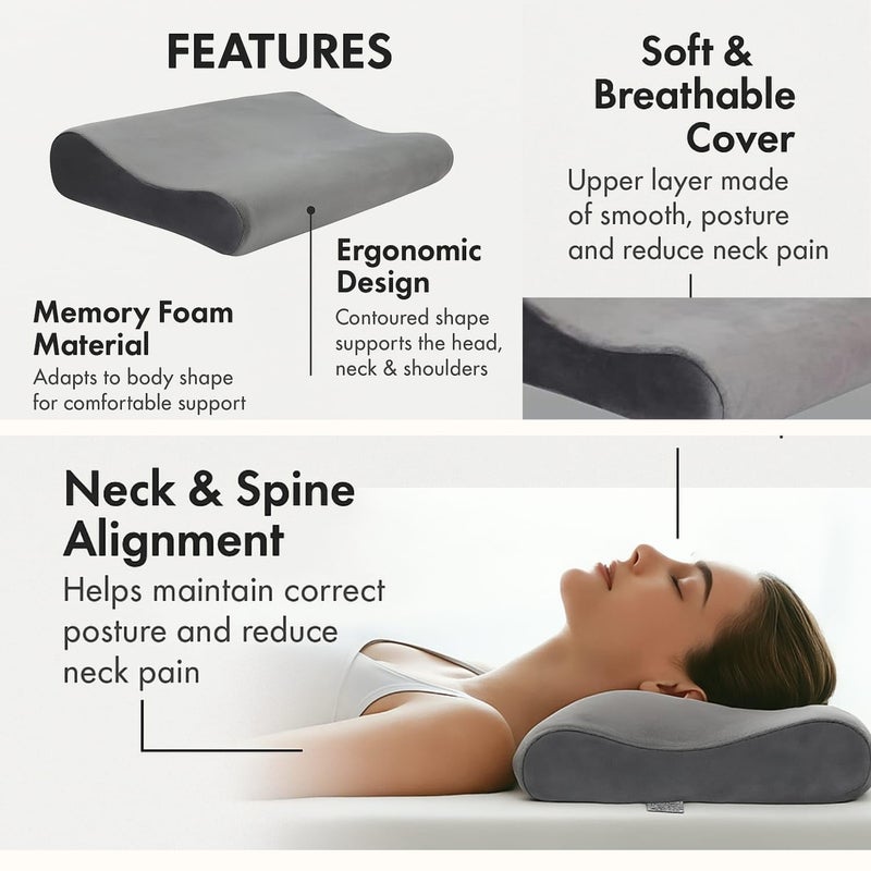 Flipon Orthopedic Pillow | Cervical Size for Neck Support | Sleeping Pain|Shoulder | Cool Memory Foam Gel Infused with 400 GSM Velvet Pillow Cover: 23 * 14 * 4.5/4 inches (Grey Flexan) - Image 2