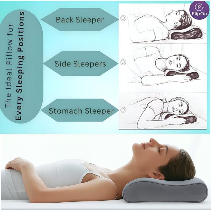Flipon Orthopedic Pillow | Cervical Size for Neck Support | Sleeping Pain|Shoulder | Cool Memory Foam Gel Infused with 400 GSM Velvet Pillow Cover: 23 * 14 * 4.5/4 inches (Grey Flexan) - Image 3